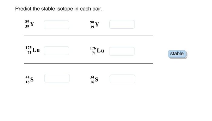 Predict the stable isotope in each pair